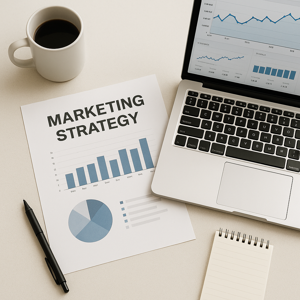 Marketing strategy document, open laptop with analytics charts, coffee mug, pen, and notepad on clean desk.
